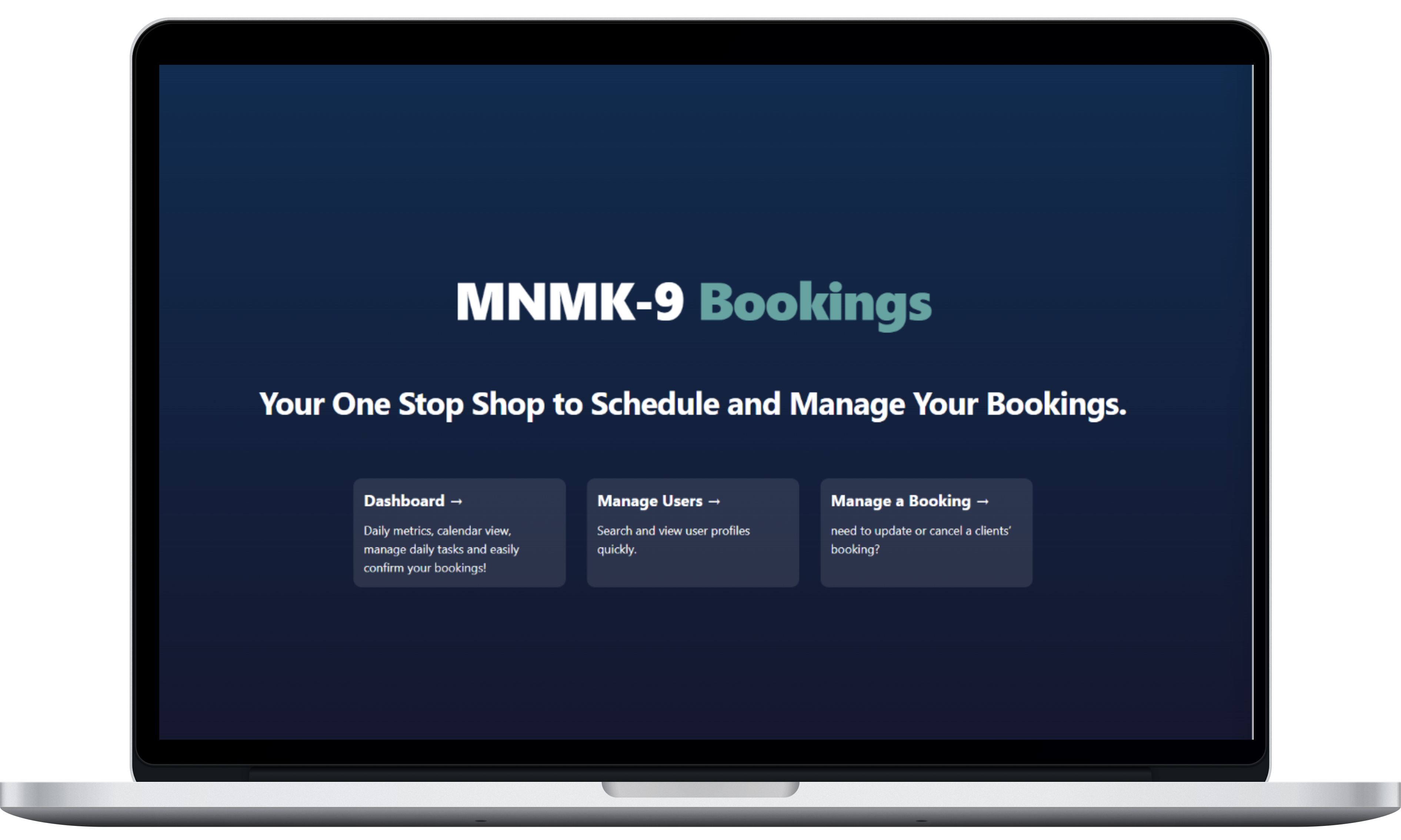 screenshot preview of MNM-K9 Bookings app on a new 15 inch macbook pro